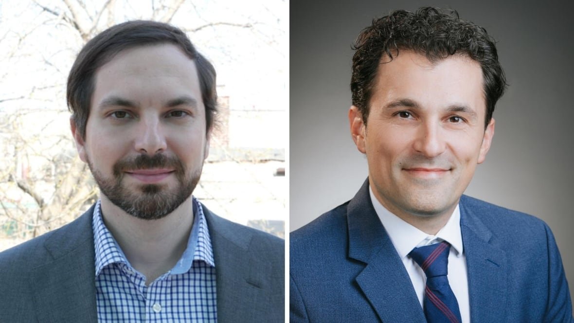 A photo composite that shows a man wearing a checkered shirt on the left in a suit and a man wearing a white shirt in a suit on the right.