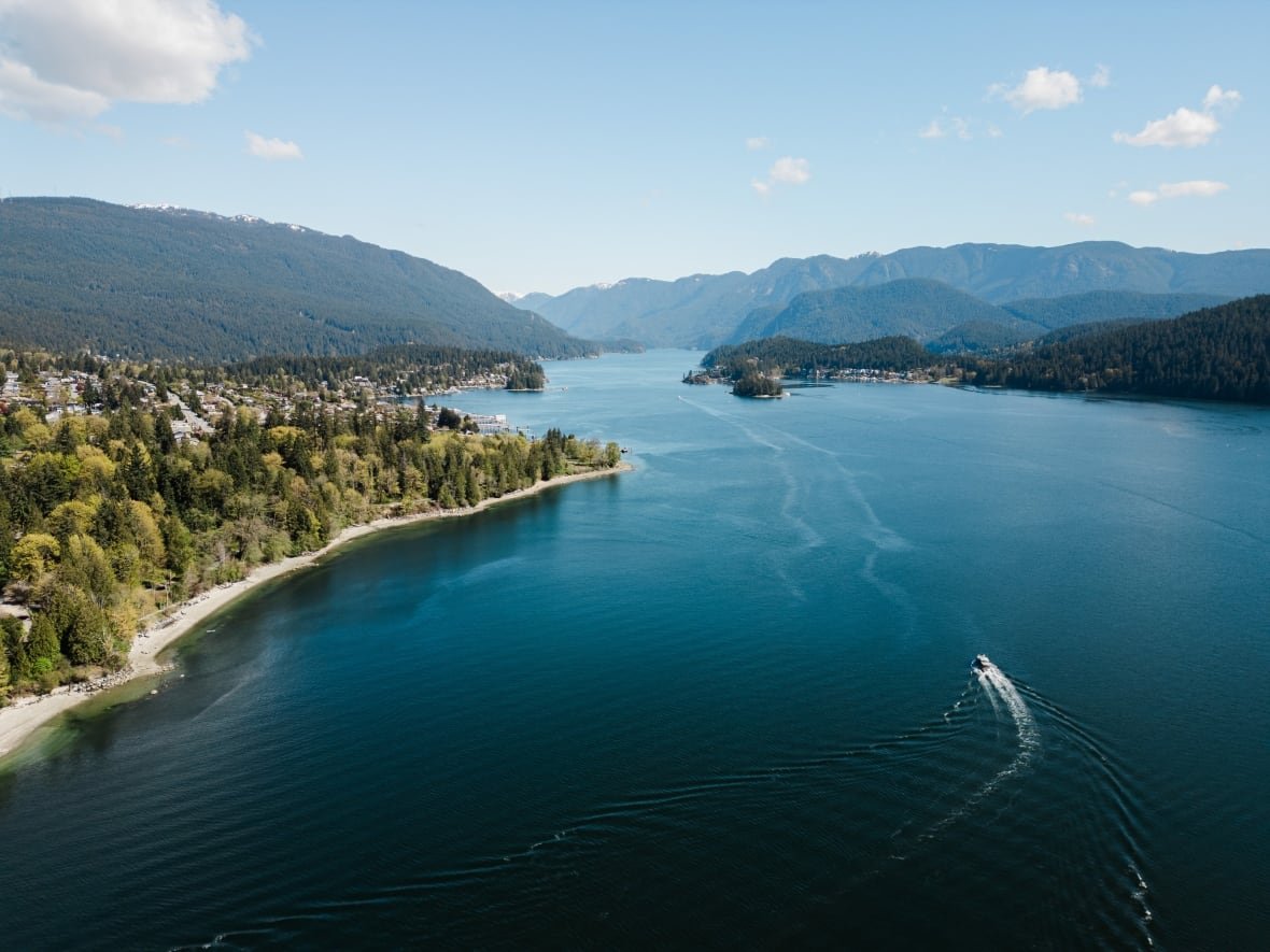 Aerial view of an inlet with a motorboat passing and forests, valley surrounding it.