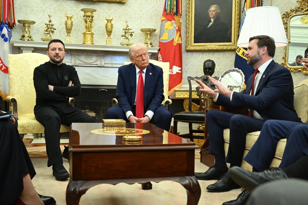 U.S. President Donald Trump and Ukraine's President Volodymyr Zelensky listen to Vice President JD Vance as they meet in the Oval Office of the White House in Washington, DC, February 28, 2025.