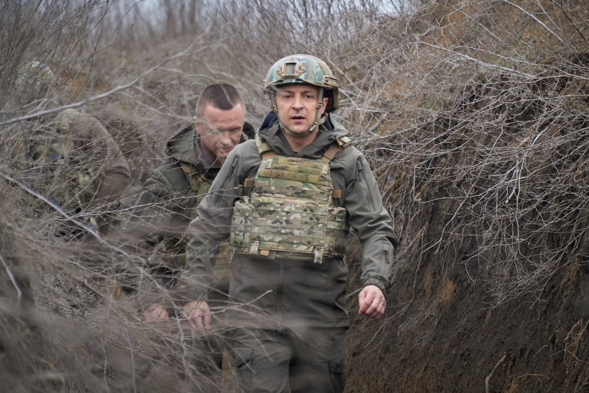 Ukraine's President Volodymyr Zelenskyy visits positions of armed forces near the frontline with Russian-backed separatists in Donbass region, Ukraine April 9, 2021. 