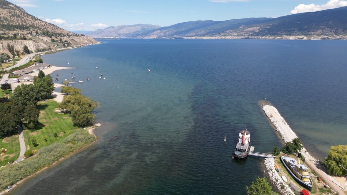 A drone shot of Okanagan Lake. 