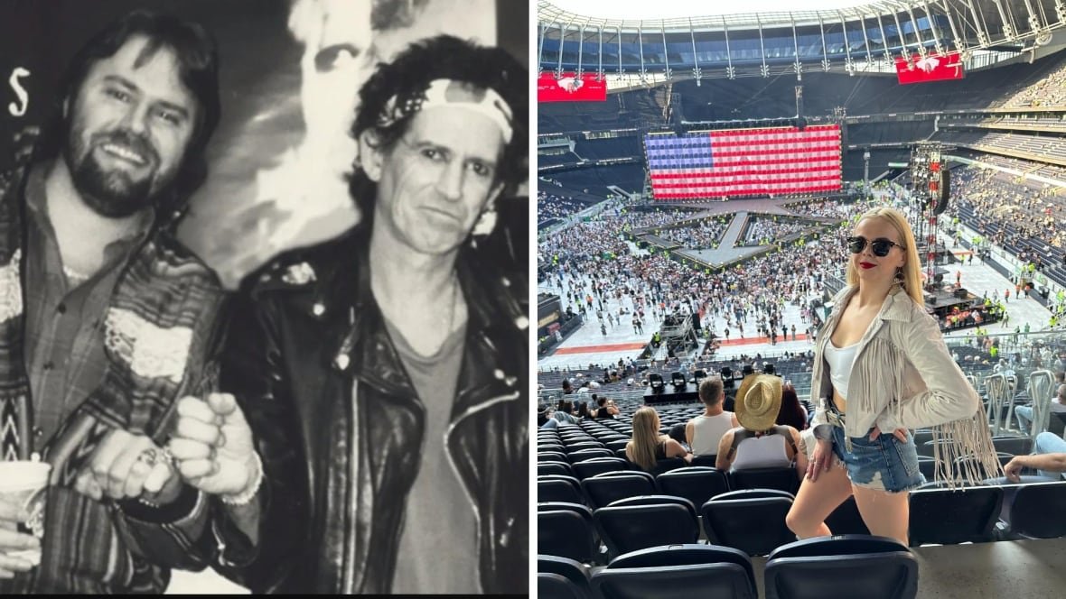 A photo composite that shows a black and white photo of two men on the left and on the right is a blonde woman wearing sunglasses, standing in a concert stadium. 