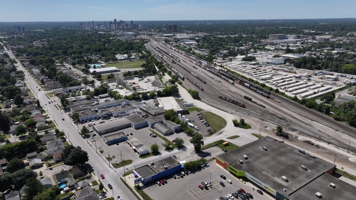 Aerial image of the commercial area surrounding the Sofina Foods plant in London. 