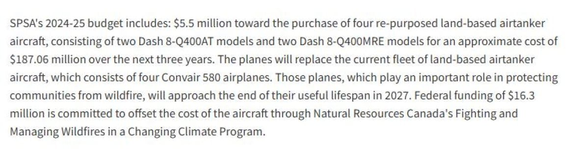 On March 20, 2024, three weeks before the government put out it's Advance Notice of Contract Award, the province announced by news release that it had decided to purchase four planes from Conair for $187 million. 