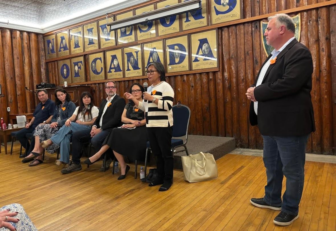 From left to right, NDP interim Leader Don Davies, Edmonton Strathcona MP Heather McPherson, Winnipeg Centre MP Leah Gazan, Rosemont—La Petite-Patrie MP Alexandre Boulerice and Vancouver East  MP Jenny Kwan  listen as Nunavut MP Lori Idlout speaks into the microphone. Courtenay—Alberni MP Gord Johns looks on from right. 