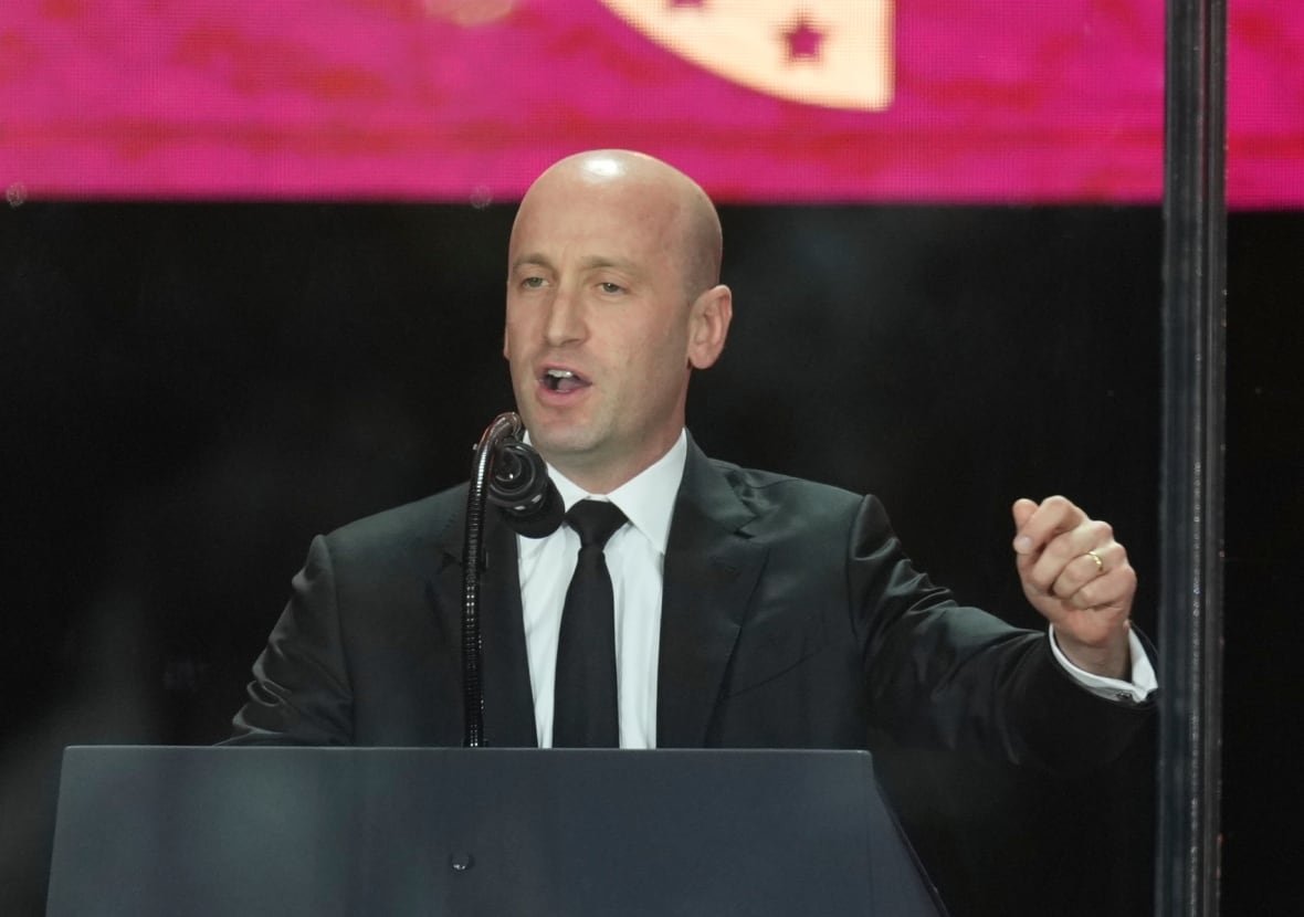 Deputy Chief of Staff Stephen Miller speaks at a memorial for Charlie Kirk, Sunday, Sept. 21, 2025, at State Farm Stadium in Glendale, Ariz.