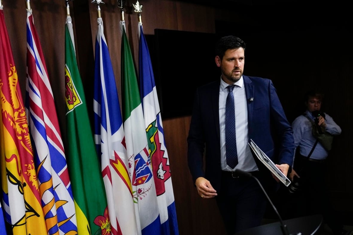A man in a suit carrying a folder walks by a series of flags.
