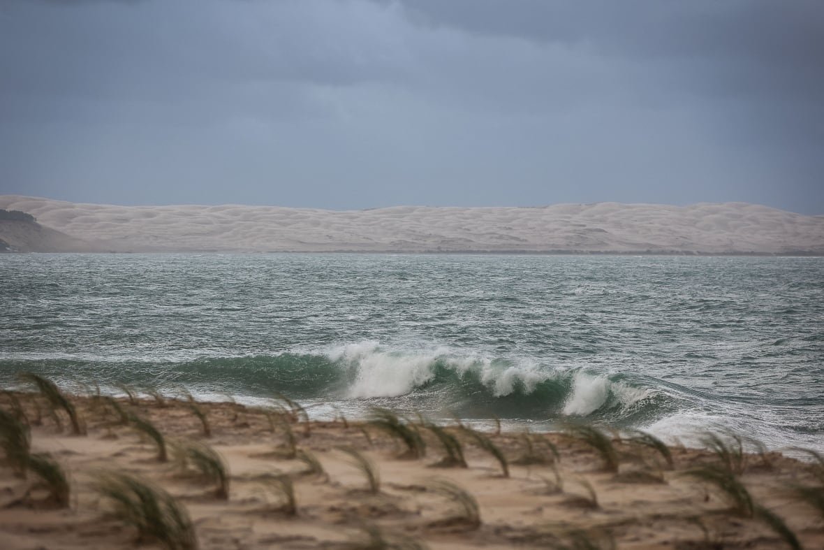 Waves breaking on the beaches of the Atlantic Ocean in southwestern France. 