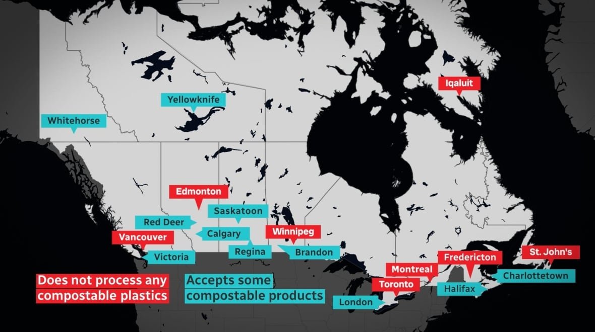 A map showing Canada, and several municipalities that accept compost.