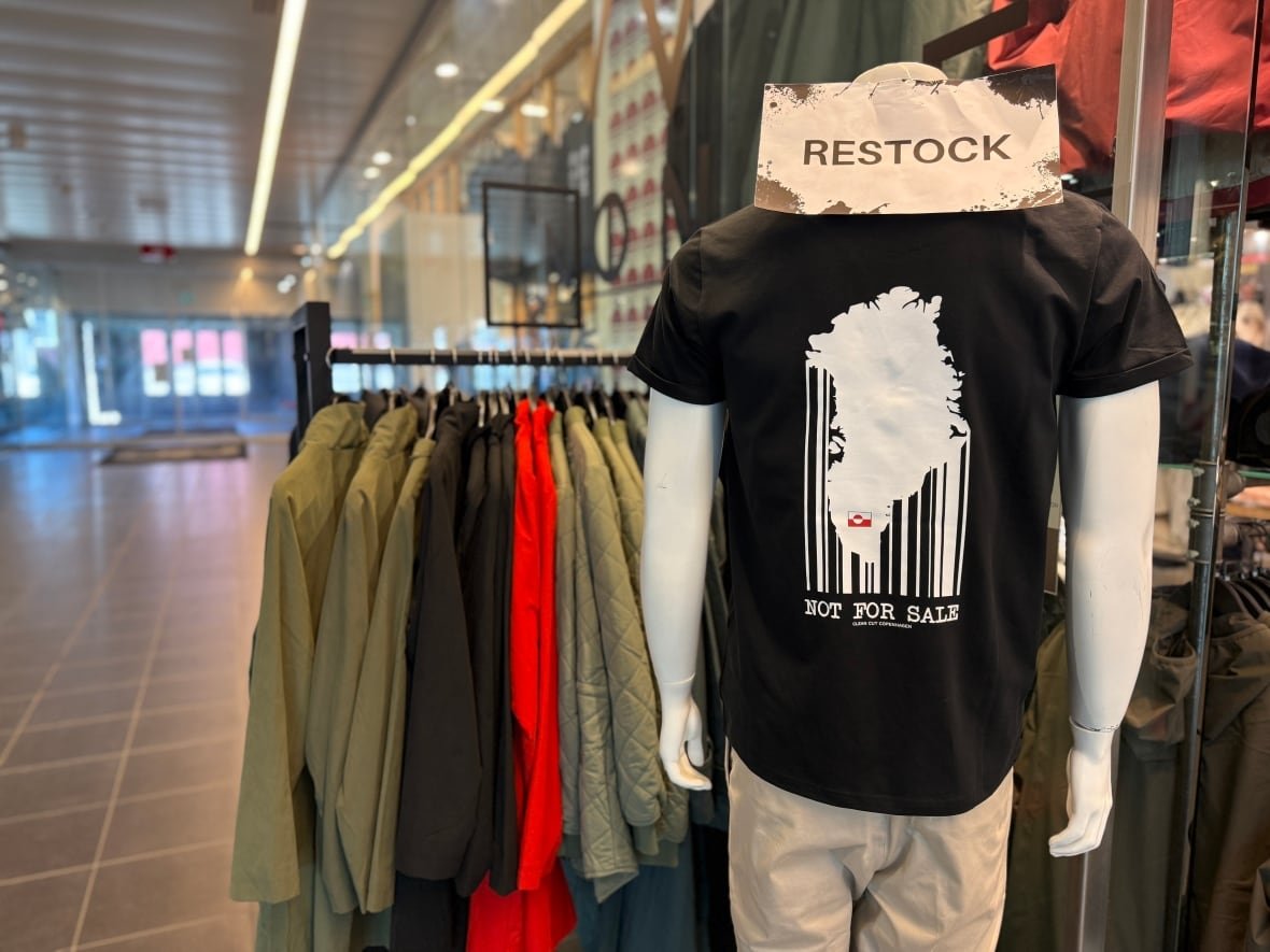 A black t-shirt that reads "Not for Sale" and a picture of the Greenland map
