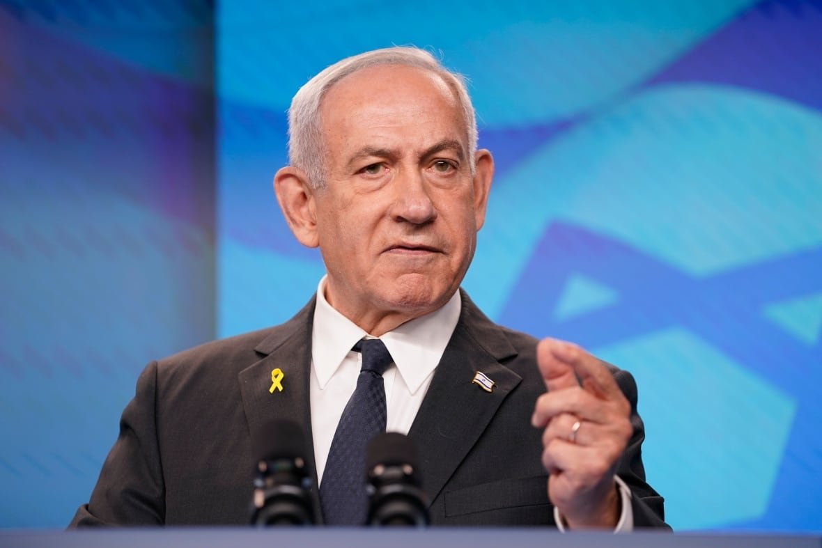 Israeli Prime Minister Benjamin Netanyahu gestures during a joint press conference with U.S. Secretary of State Marco Rubio (not pictured) at the Prime Minister's Office, during Rubio's visit, in Jerusalem, Monday, Sept. 15, 2025.  (Nathan Howard/Pool Photo via AP)