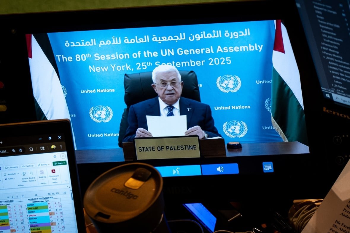 Palestinian President Mahmoud Abbas addresses the 80th session of the United Nations General Assembly via video at United Nations headquarters, Thursday, Sept. 25, 2025. 