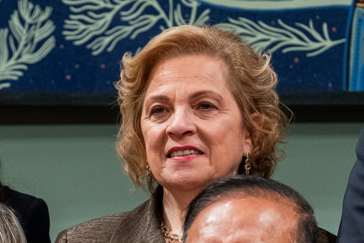 Minister of Immigration, Refugees and Citizenship Lena Metlege Diab participates in a family photo following a cabinet swearing in ceremony at Rideau Hall in Ottawa, on Tuesday, May 13, 2025.