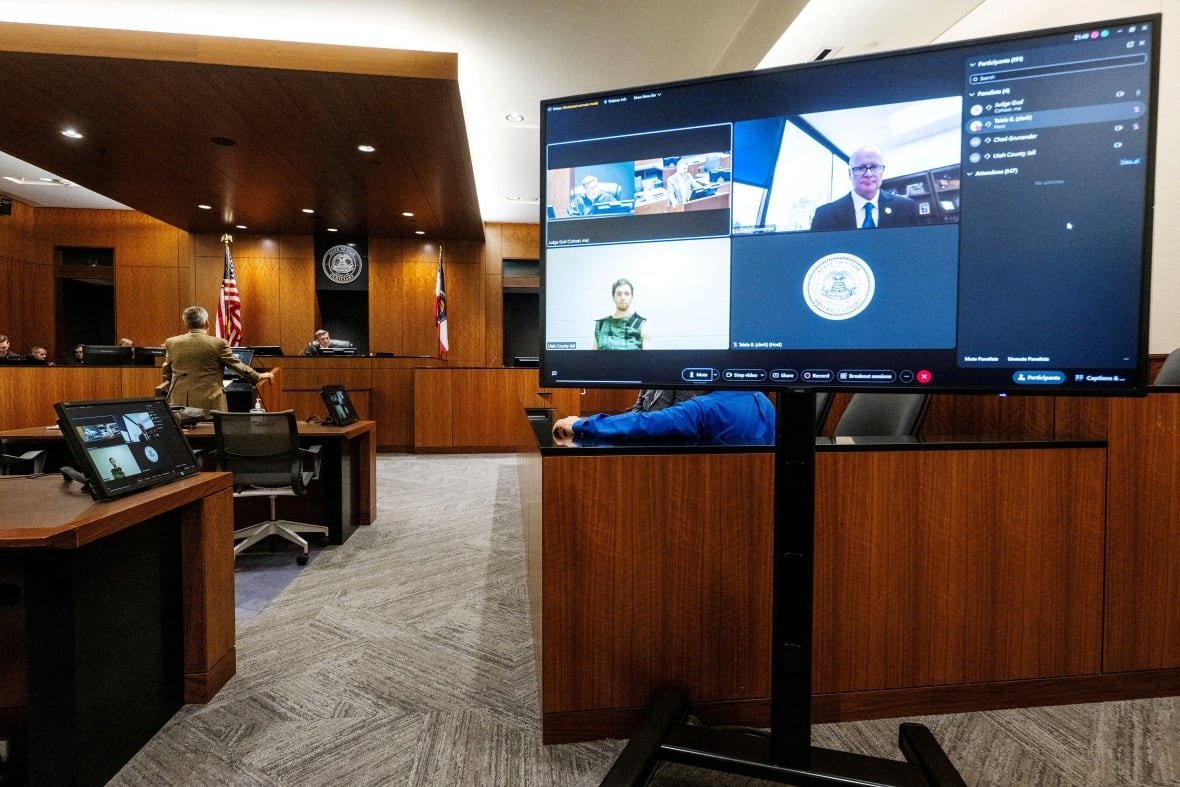 A wide shot of a court room, with a lawyer standing, a judge sitting and a large screen showing the defendant by video link