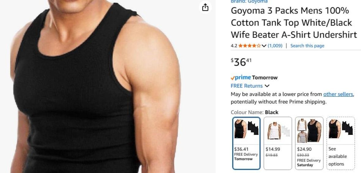 An Amazon ad for a "wife beater" tank top.
