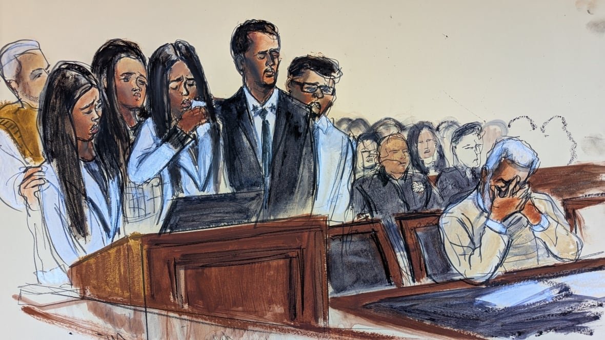 A sketch shows a group of sad women standing by a lectern. Next to the woman in front a man stand stoically.