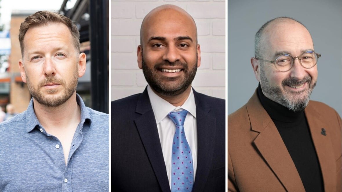 A photo composite of headshots of three men smiling at the camera.