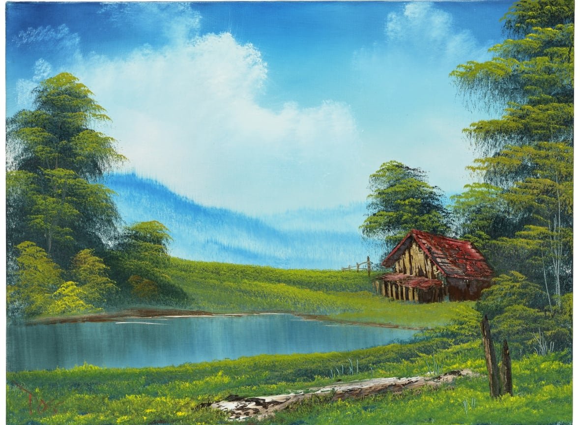 a landscape painting depicts a small cabin at the foot of a bright blue lake, underneath a blue sky.