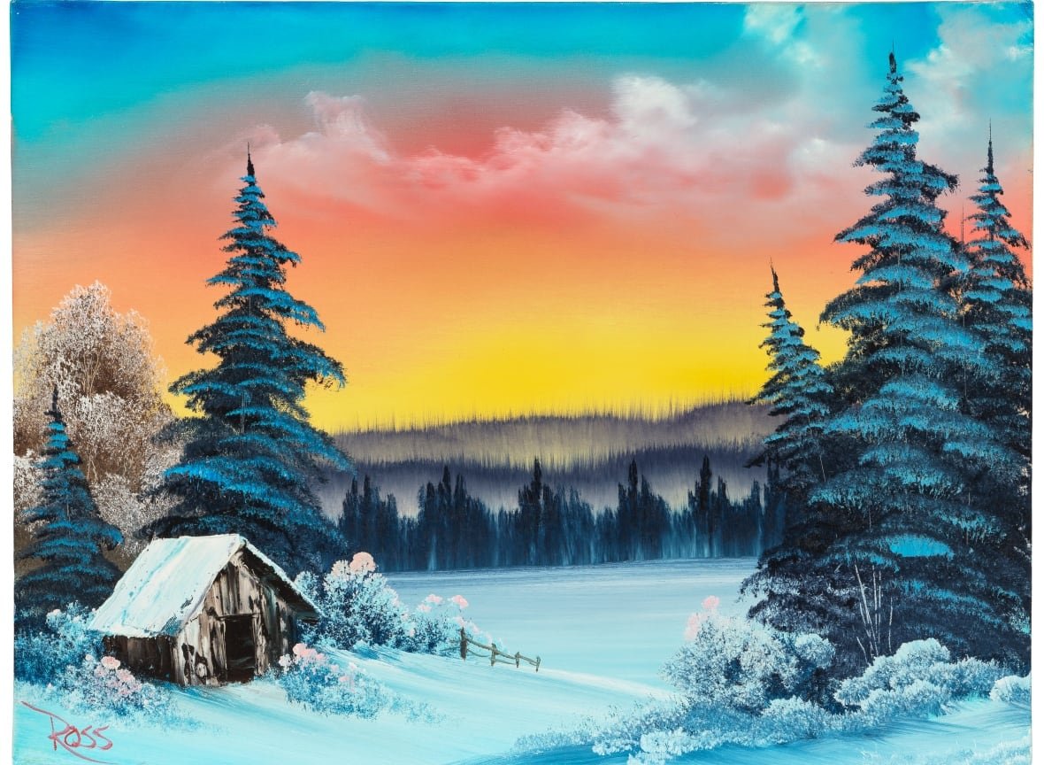 the bright orange and yellow sun sets over a wintery scene in this landscape painting. a small wooden home or structure is visible on the left side, and a few evergreen trees stretch upwards