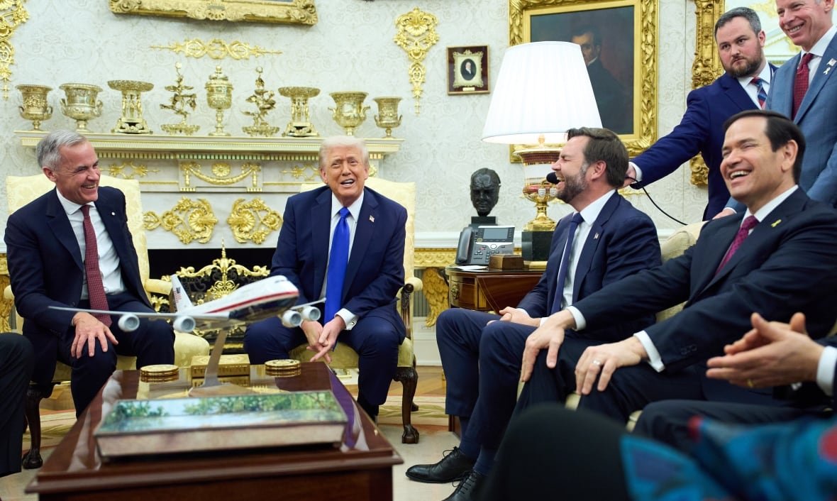 Seated in the Oval Office, from left, Mark Carney, Donald Trump, Vice President JD Vance, and Secretary of State Marco Rubio.