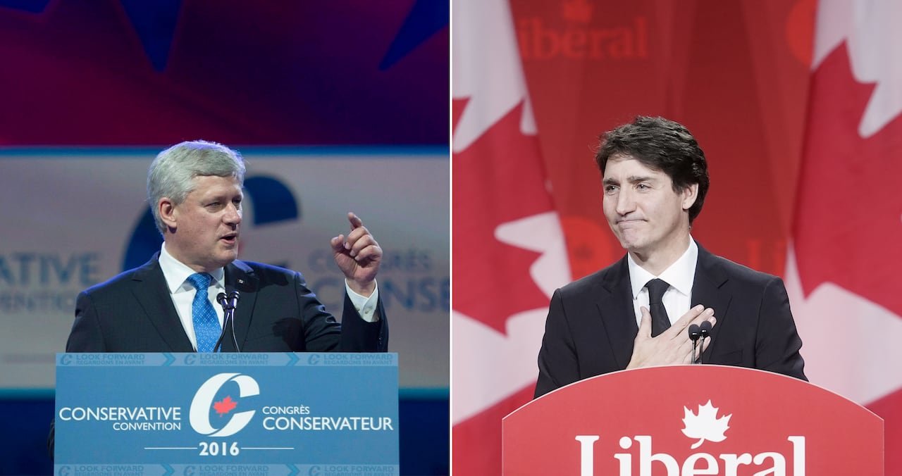 Two men standing at podiums - a composite image of them side by side.