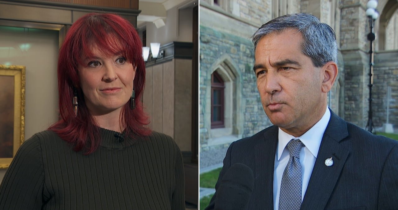 Two people in a split-screen image.