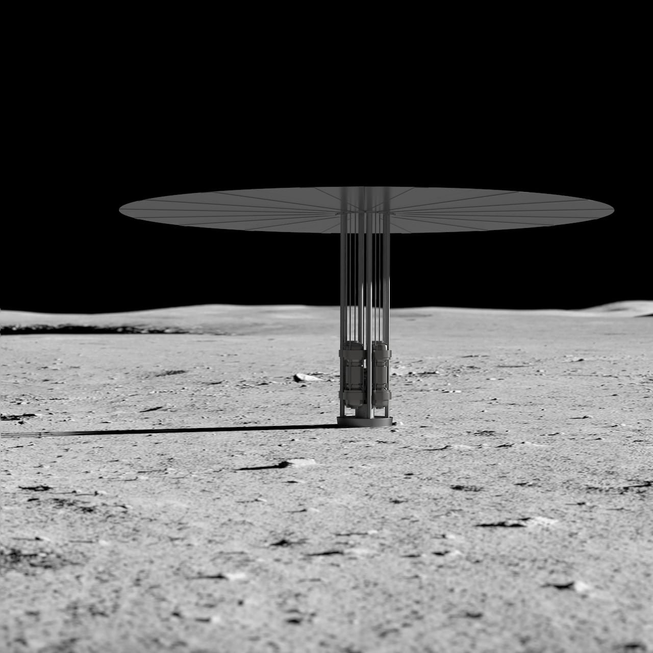An illustration of a metallic structure with an umbrella-like covering sits on the surface of the moon.
