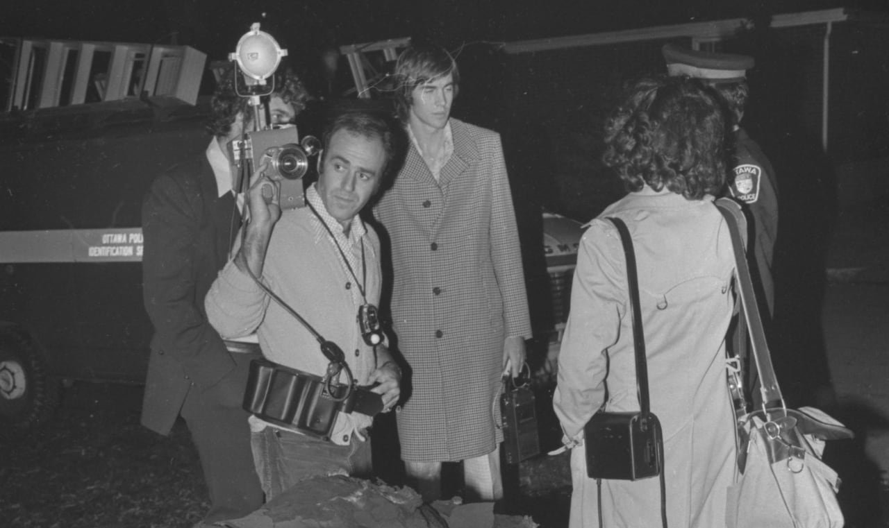 media outside Robert Poulin home, 1975