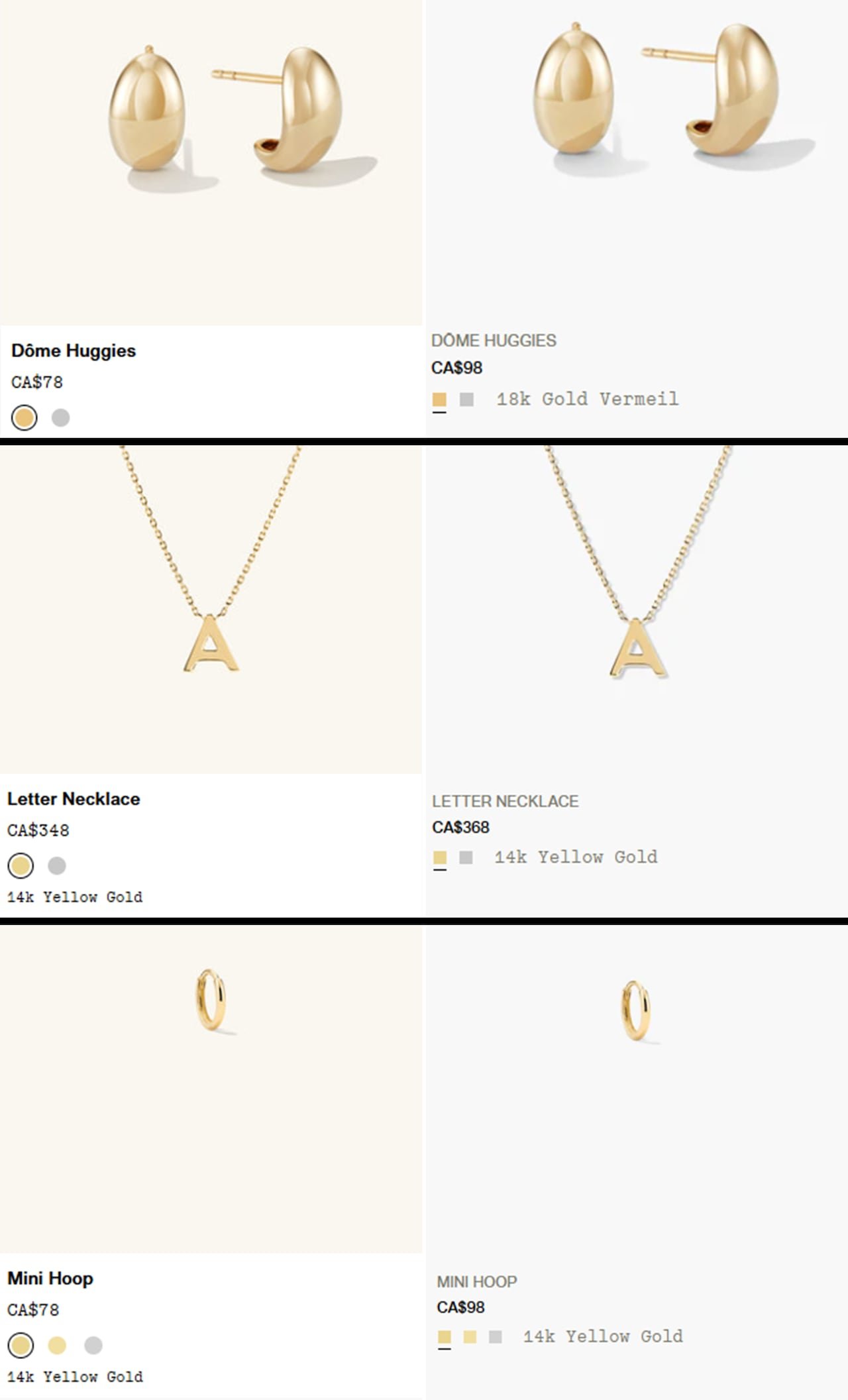 A composite image shows side-by-side comparisons of three sets of jewelry.