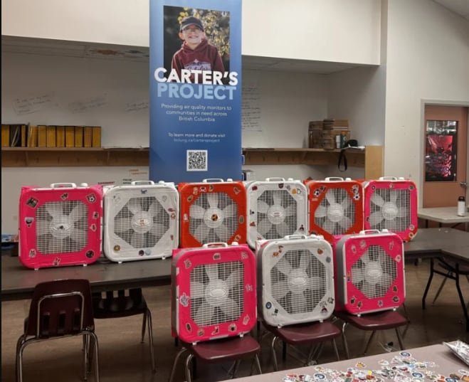 Nine homemade air purifier s on display in front of a large Carter's Project poster