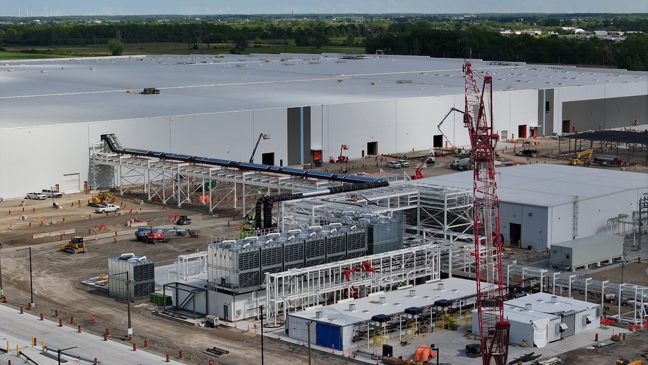 Aerial view of the electric vehicle battery factory under construction in Windsor in May 2024.