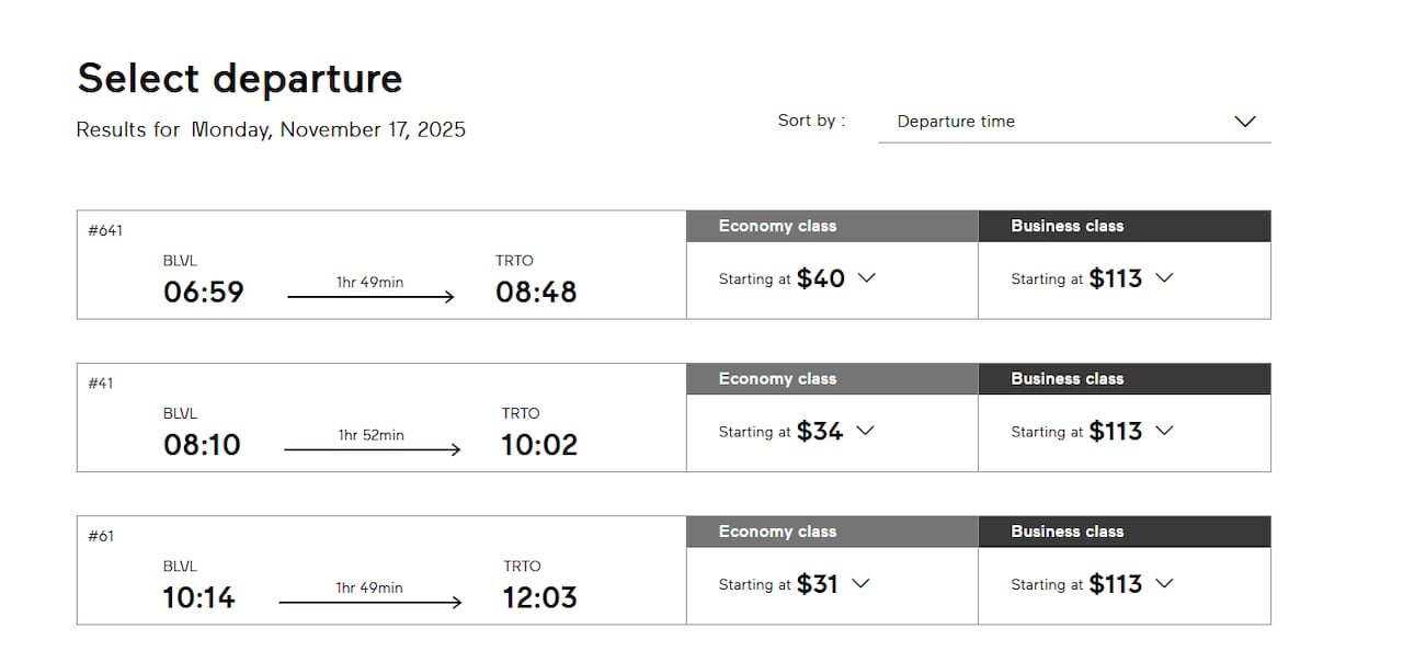 creenshot of a travel booking page titled ‘Select departure’ showing train options for Monday, November 17, 2025, from BLVL to TRTO. Three departures are listed: Train #641 departs at 6:59 AM and arrives at 8:48 AM (1 hr 49 min), economy class from