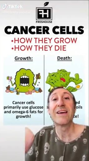 A man in front of a green screen that has an image on it with a cartoon "cancer cell". It says "Cancer cells: How they grow, how they die." The man is talking to the camera.