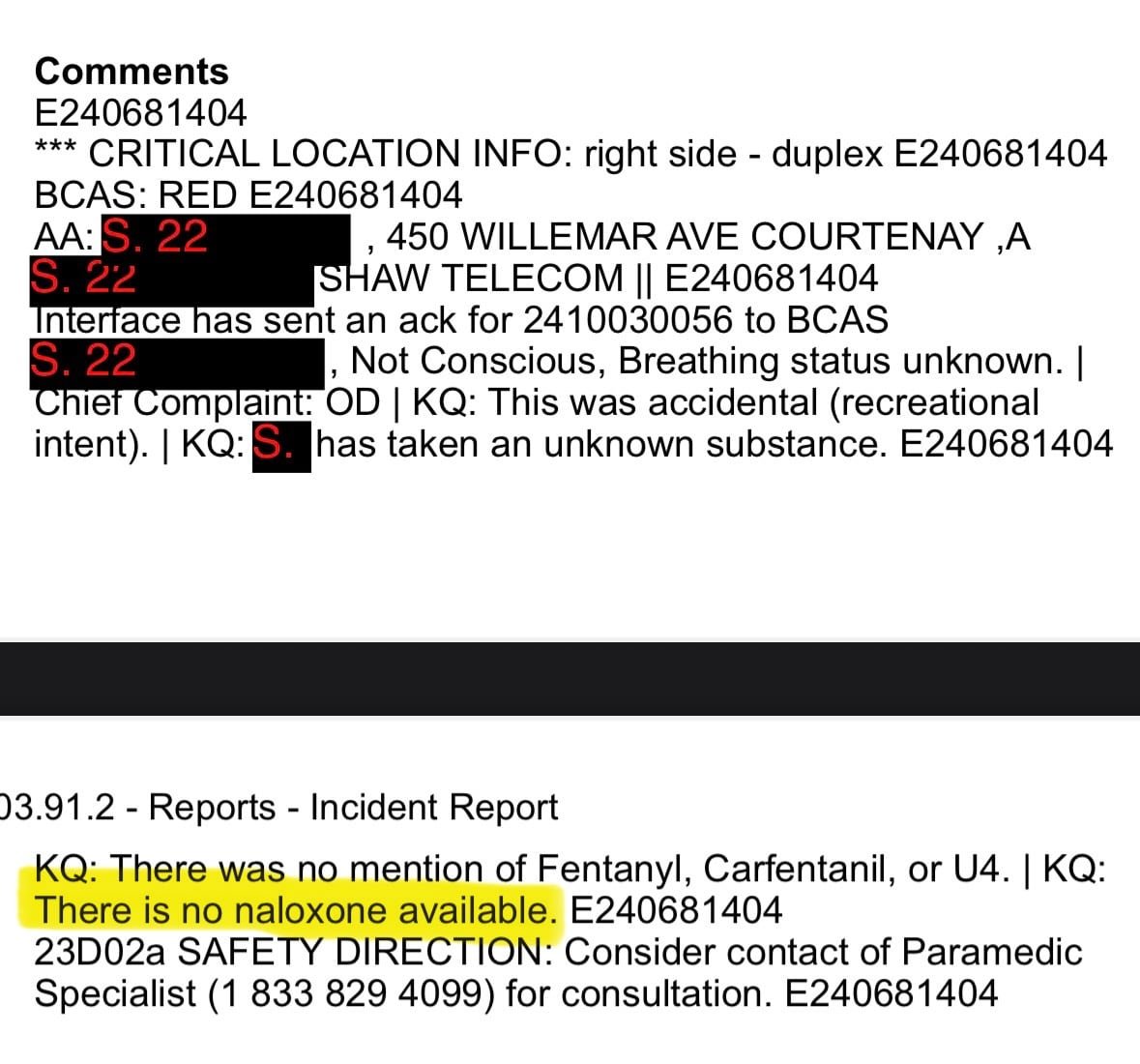 A screenshot of an incident report with text and redactions and highlighted sections