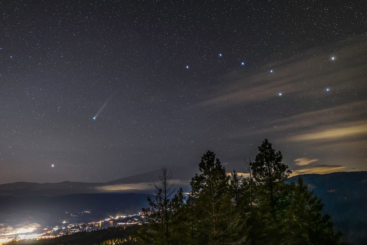 Mountains, a starry sky and a comet are seen with trees in the foreground.