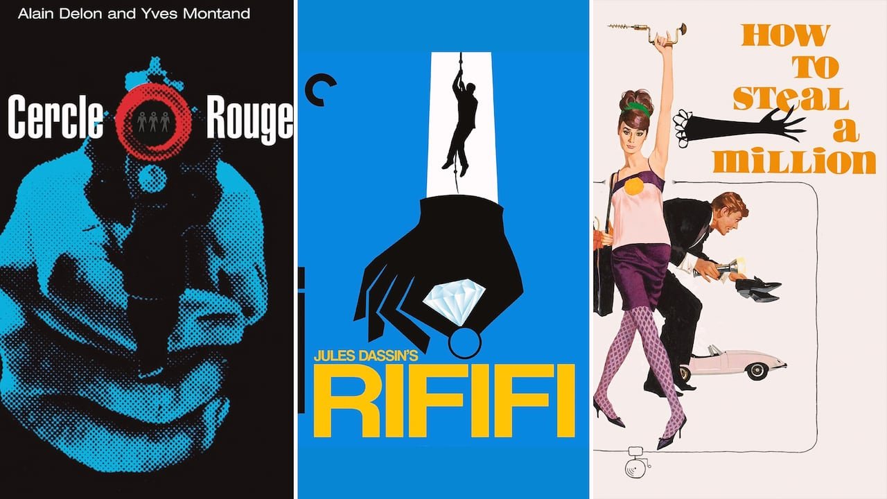 From left, a poster showing a pointed gun with the title; stylized image of a hand below a man descending a rope above the title; and a man and woman next to the title