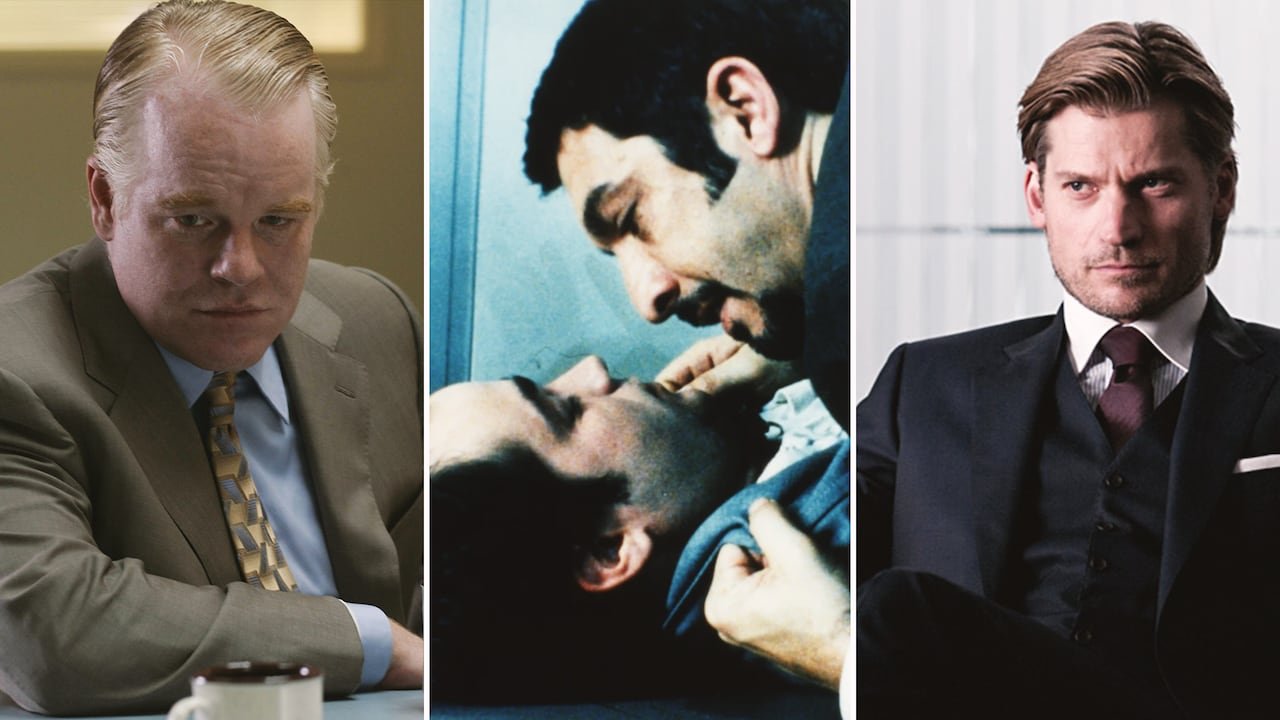 A combination image shows a concerned looking man in a suit, one man lying on top of another while gripping his lapels, and a serious looking man in a suit.