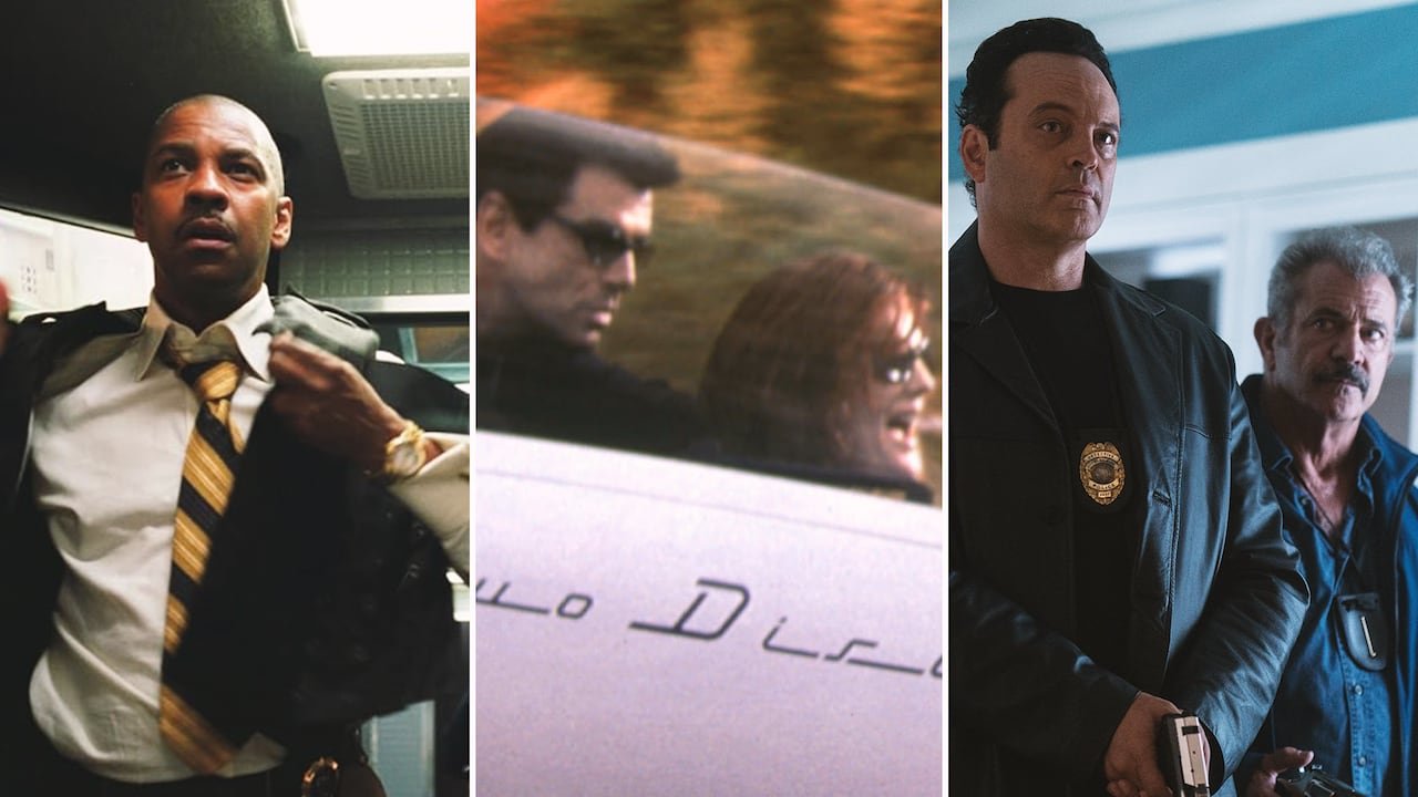 A combination image shows a man walking quickly, a man and woman in the cockpit of an indistinct vehicle, and two men with police badges holding guns. 