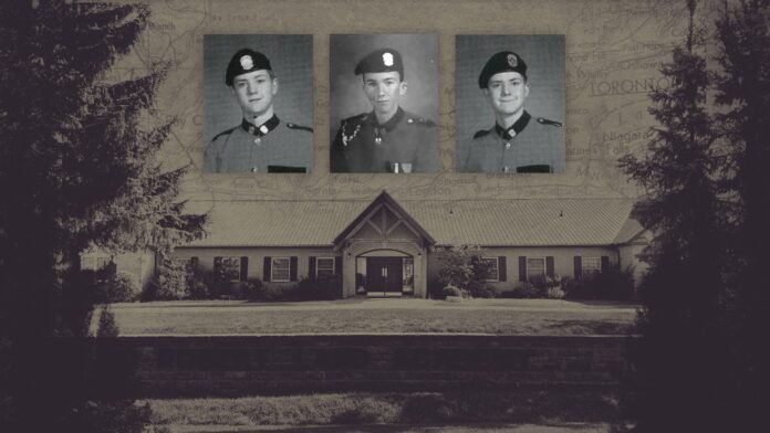 three yearbook headshots of boys in military style uniforms with robert land academy